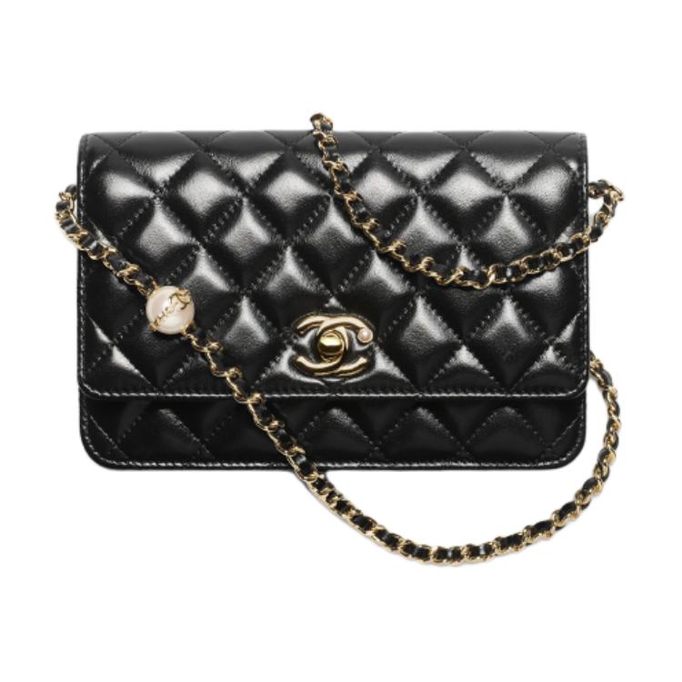 CHANEL Lambskin With Artificial Pearl Shoulder Bag, Crossbody Bag, Wallet Women's Black