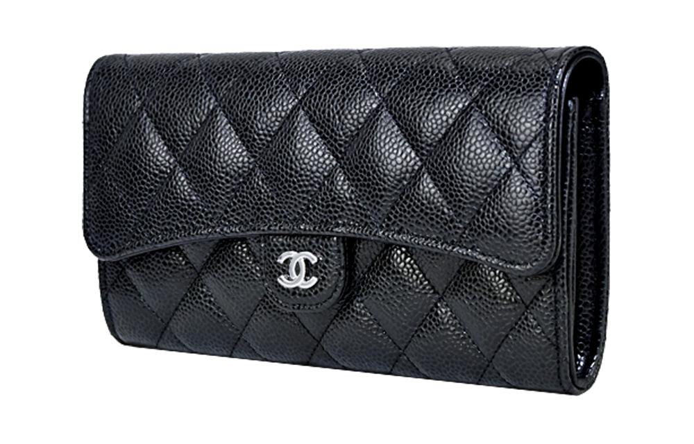 CHANEL Grain Texture Cow Leather Wallet Women's Black