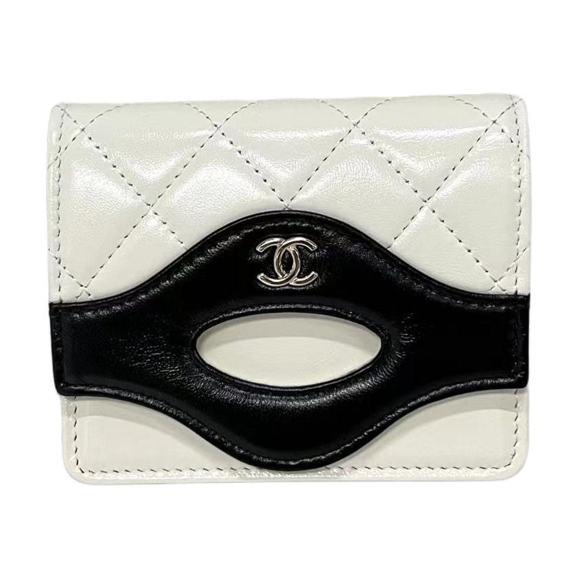 CHANEL Leather Wallet Women's White & Black