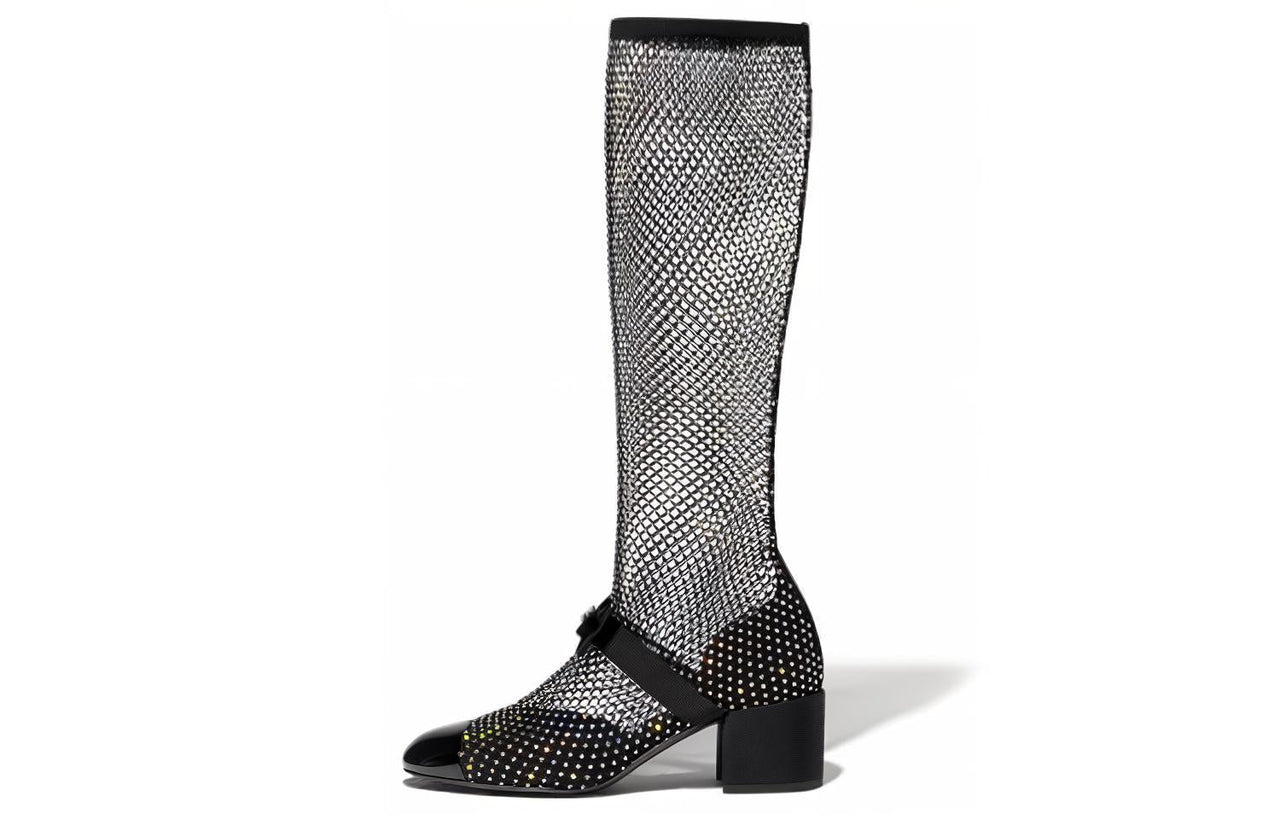 CHANEL Resille 55mm Knee High Mary Janes Black Crystal Patent Calfskin Women's