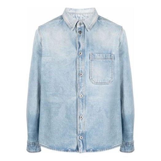 Men's Off-White SS21 Lapel Buckle Long Sleeves Blue Shirt OMYD027F21DEN0034001