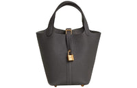 HERMES Little Bull Leather Basket Bag, Bucket Bag, Handbag 18 Women's 88 Graphite Gray