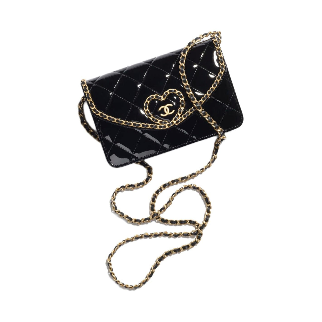 CHANEL Calfskin Patent Leather Crossbody Wallets Women's Black