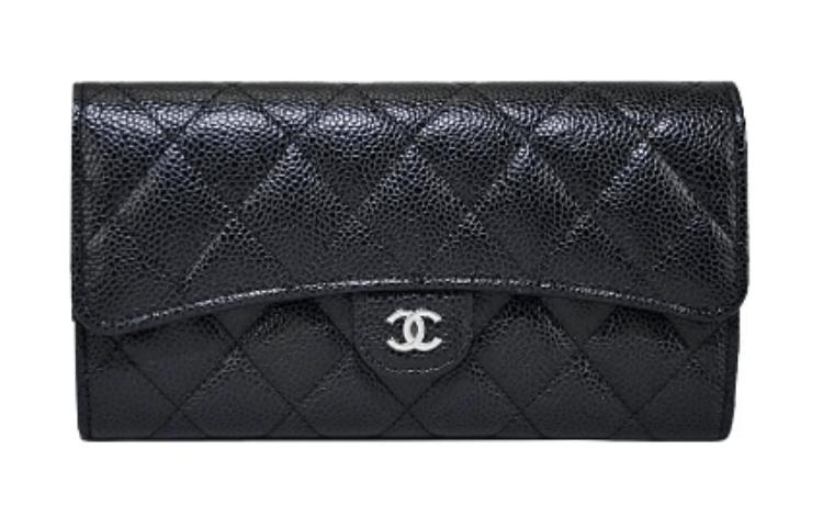 CHANEL Grain Texture Cow Leather Wallet Women's Black