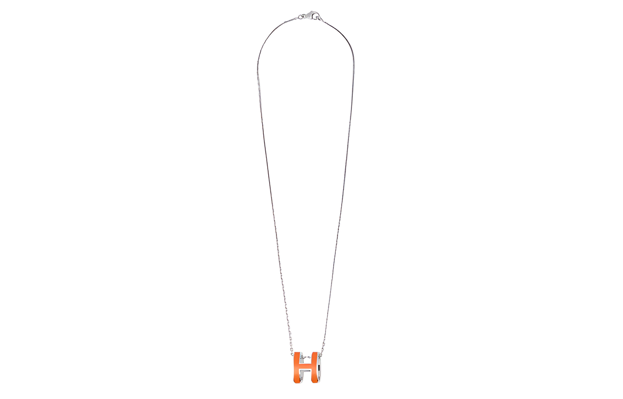 HERMES Palladium Necklaces Women's Vibrant Orange Pendant Silver Chain
