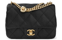 CHANEL Beaded Cow Leather Square Chubby Flap Bag Shoulder Bag Crossbody Bag Medium Size Women's Black