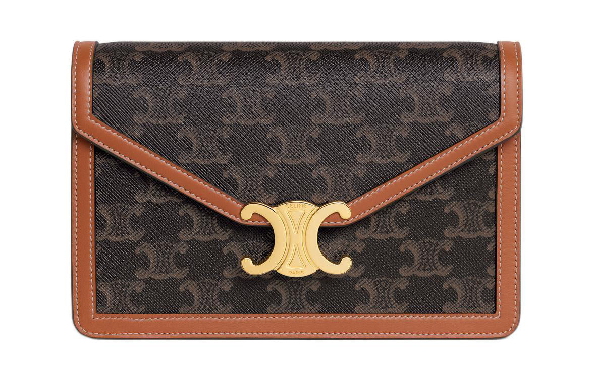 CELINE Triomphe Fabric With Calfskin Trim Shoulder Bag, Crossbody Bag, Wallet Mini Women's Tan