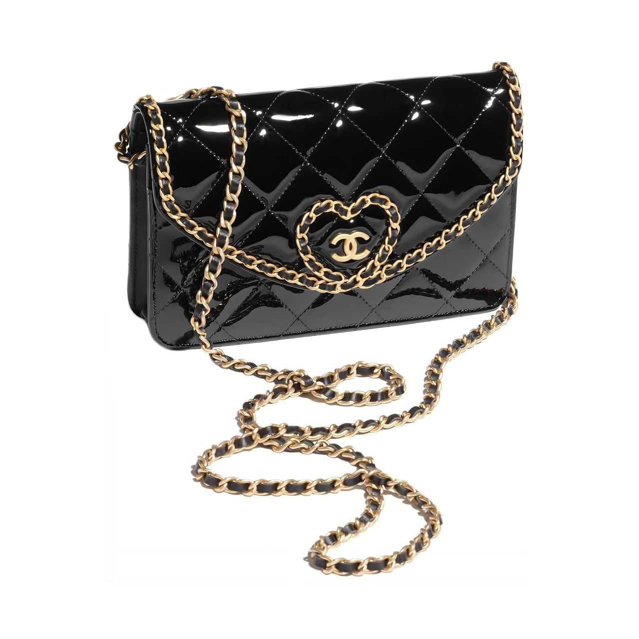 CHANEL Calfskin Patent Leather Crossbody Wallets Women's Black