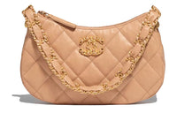 CHANEL Cow Leather Shoulder Bag Hobo Bag Handbag Shoulder Bag Large Size Women's Beige