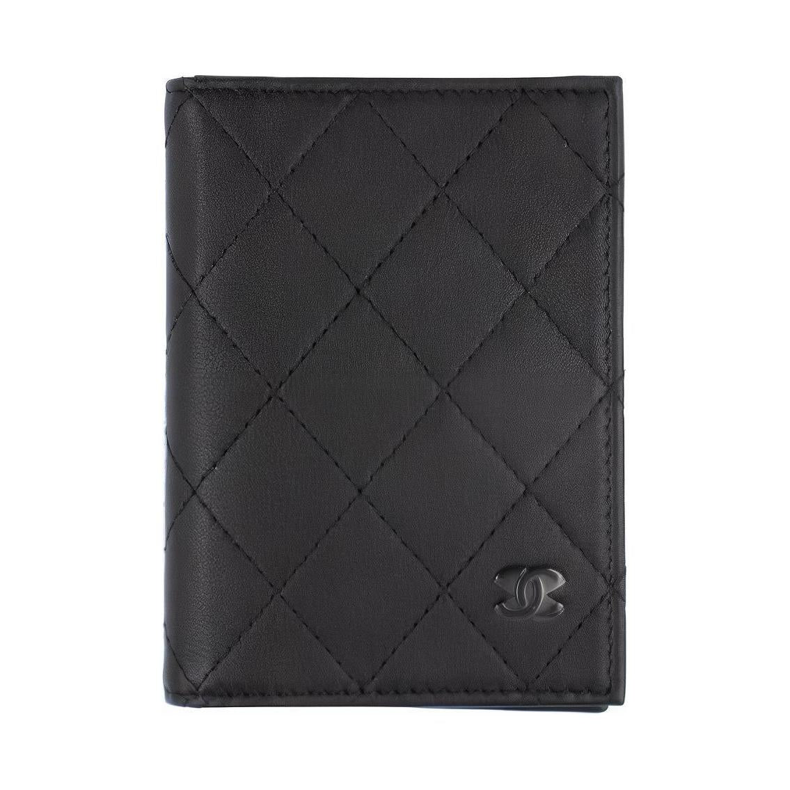 CHANEL Diamond Pattern Matte Cow Leather Passport Clip Card Holder Wallet Small Size Women's Black